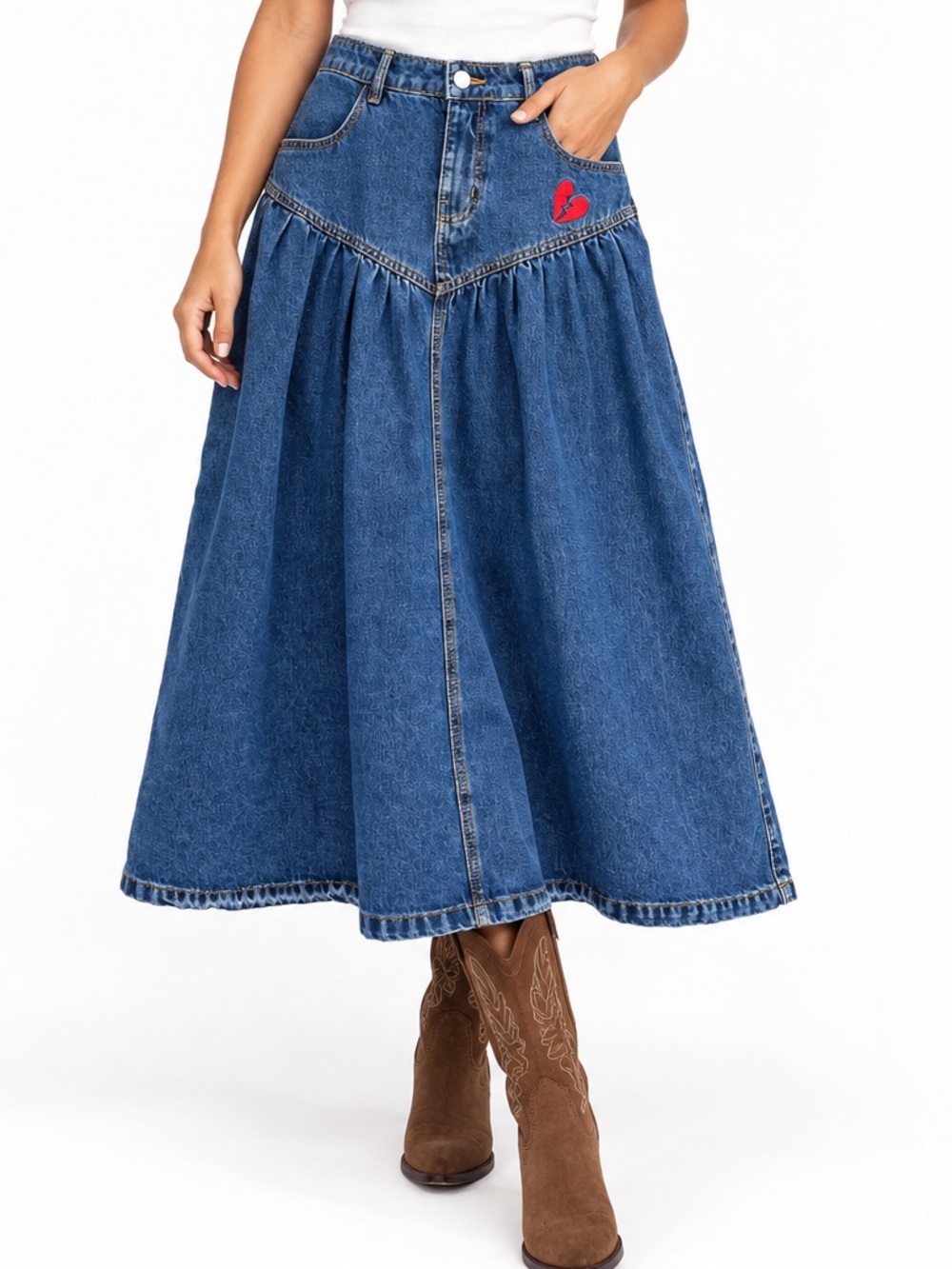 Kimchi Blue Clara Drop Waist Denim Midi Skirt Broken Heart Embroidered Size S
